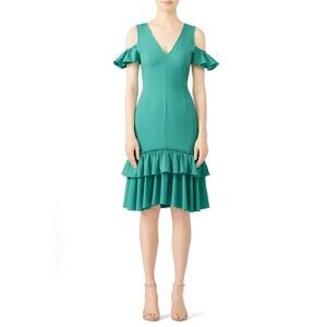 NWT Tome Teal Mermaid Cold Shoulder Ruffle Skirt Cocktail Midi Dress Size 4